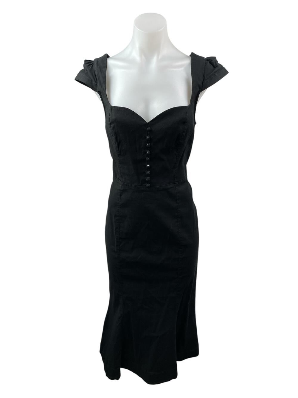Anthropologie The Cecily Black Linen Sweetheart Cap Sleeve Midi Flare Dress Sz S